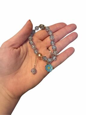 Crystal Bead Bracelet with Blue Flower Charm